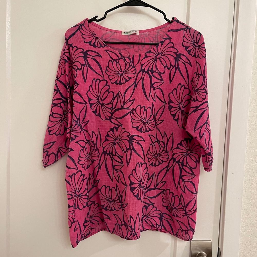 Italian Pink Floral Cotton Oversized Tunic Blouse Coastal Made in Italy